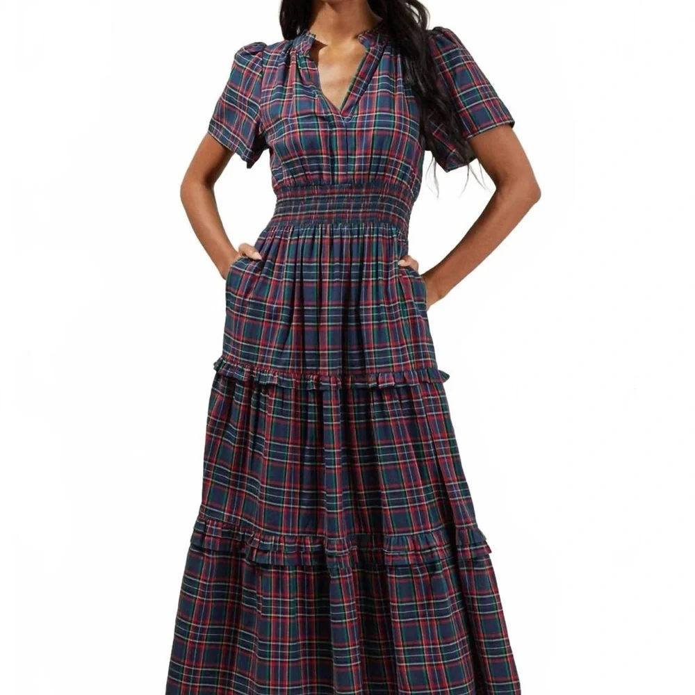 Avara Sugarlips Miley Plaid Palmer Tiered Dress In Navy Multi size M - Picture 7 of 7